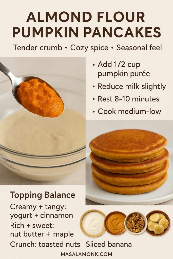 Almond flour pumpkin pancake guide showing pumpkin purée added to batter, resting time, medium-low cooking tip, and topping balance ideas like yogurt, nut butter, toasted nuts, and banana.