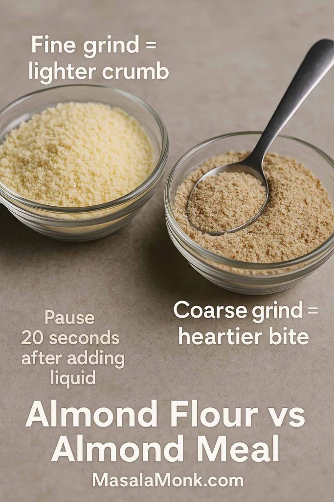 Almond flour vs almond meal in bowls showing fine vs coarse texture for making pancakes, with tips for batter hydration.