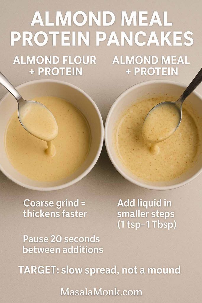 Side-by-side comparison of almond flour vs almond meal protein pancake batter showing how almond meal thickens faster and needs smaller liquid additions.