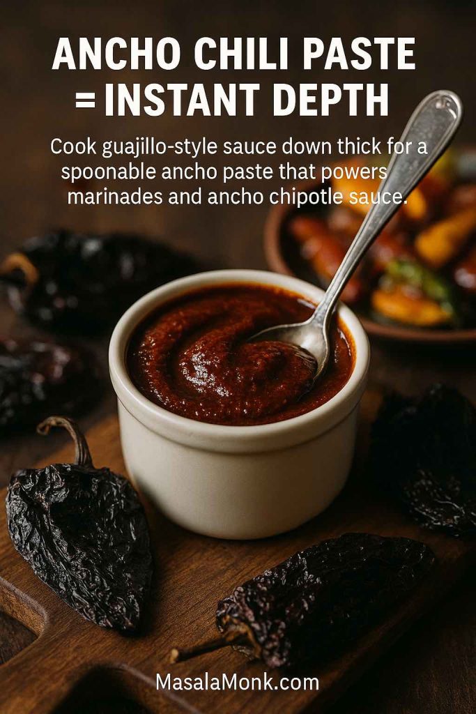 Small jar of thick dark-red ancho chili paste with a spoon on a wooden board, surrounded by dried ancho chilies and a blurred plate of roasted vegetables in the background.
