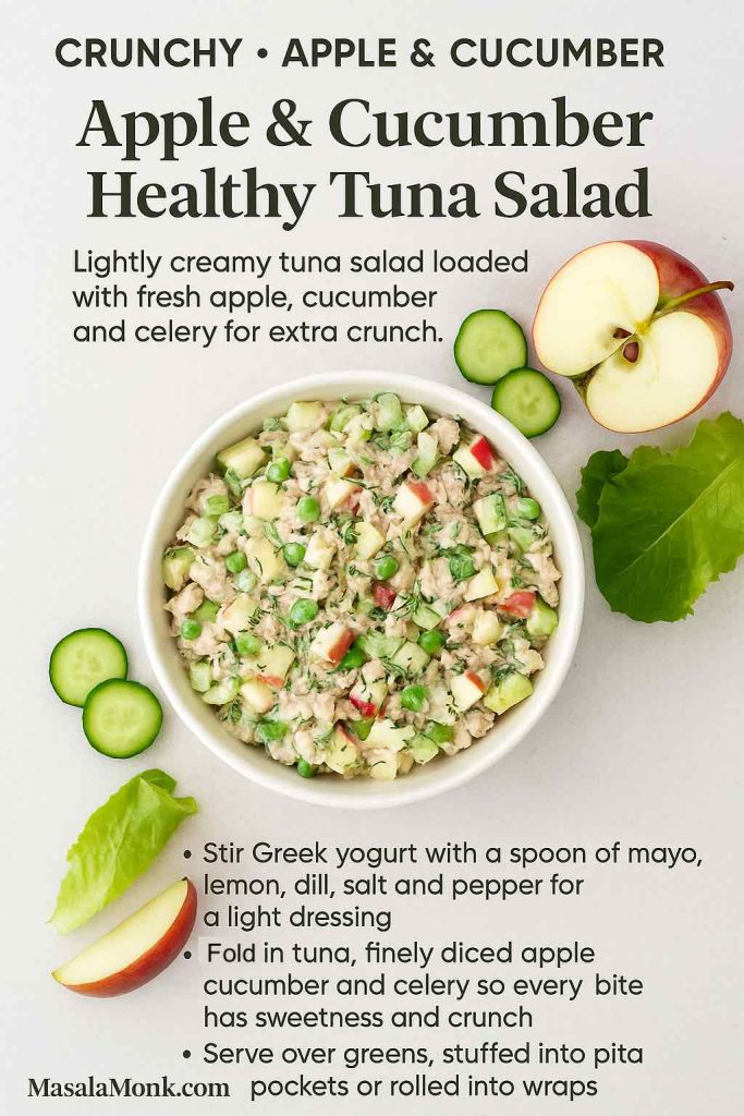Apple and cucumber healthy tuna salad in a white bowl with diced apple, cucumber, peas and celery, surrounded by apple slices, cucumber rounds and lettuce on a light background.