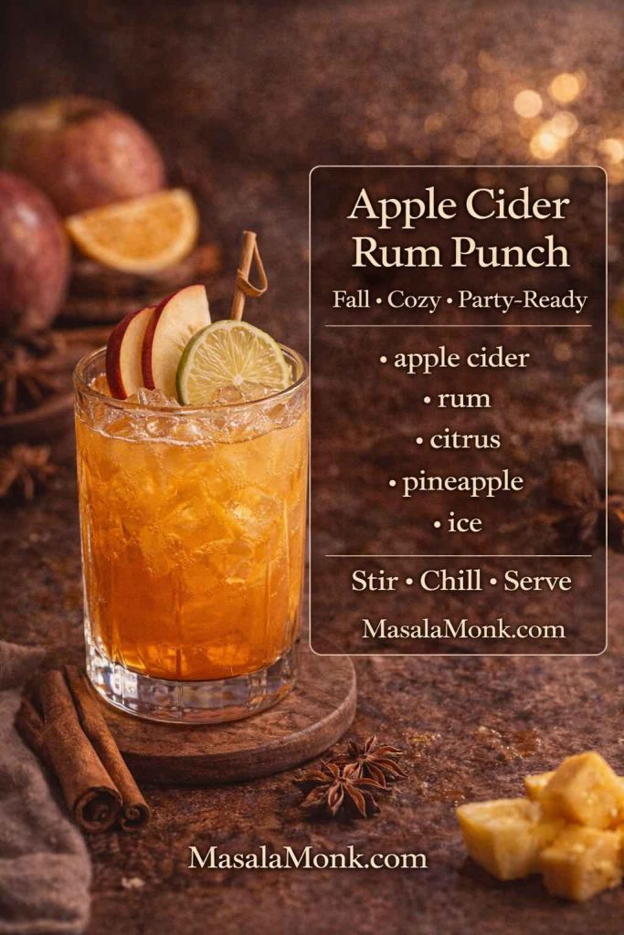 Apple cider rum punch in a rocks glass with apple and lime garnish, featuring a recipe-card overlay for apple cider rum punch ingredients and steps.
