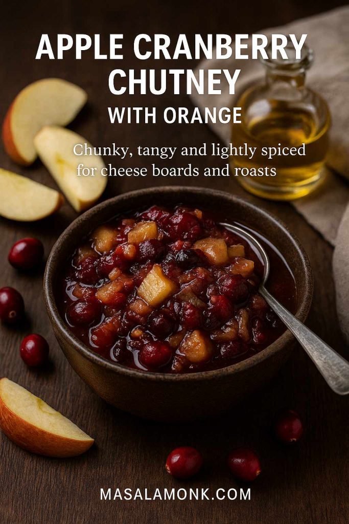 Rustic bowl of chunky apple cranberry chutney with orange, showing visible pieces of apple and cranberries, styled with apple slices, cranberries and a small bottle of vinegar on a wooden table.