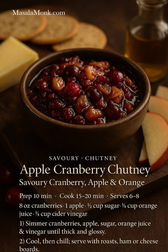 Rustic apple cranberry chutney with orange in a brown ceramic bowl on a wooden board, with cheese, crackers and apple slices around it, plus a text overlay mini recipe card for savoury cranberry, apple and orange chutney from MasalaMonk.com.