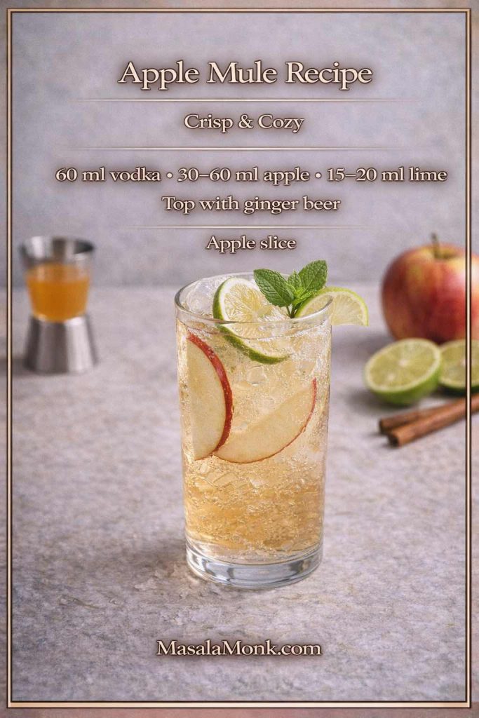 Apple Mule recipe card showing a highball with ice, apple slices, lime and mint, with measurements (60 ml vodka, 30–60 ml apple juice/cider, 15–20 ml lime) topped with ginger beer and MasalaMonk.com branding.