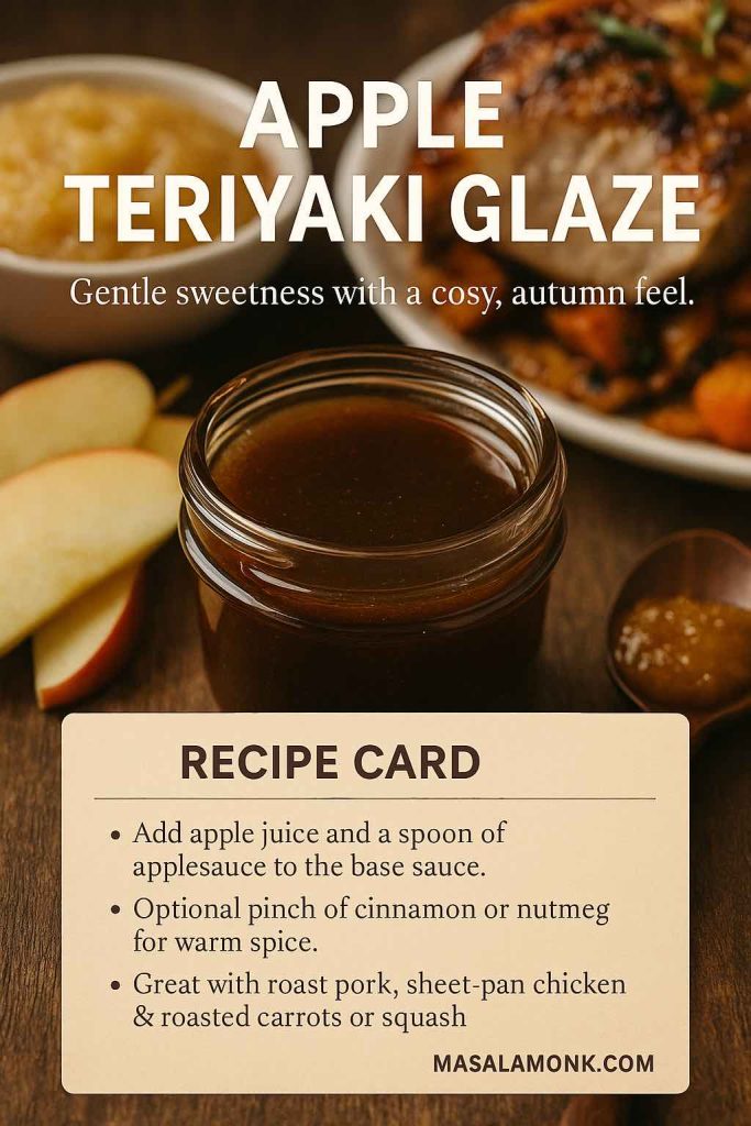 Vertical recipe card showing a jar of apple teriyaki glaze on a wooden table with apple slices, applesauce and roasted meat in the background, plus text explaining how to add apple juice and warm spices to teriyaki sauce.