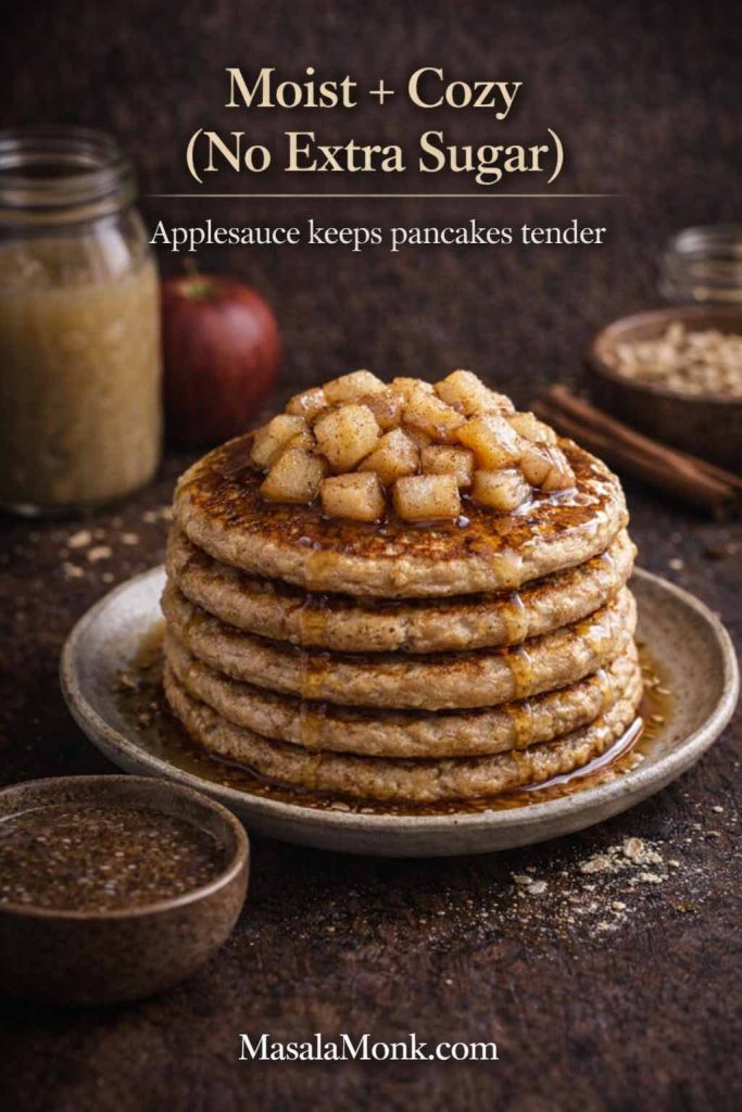 Stack of oat pancakes topped with cinnamon apples and syrup, with a jar of applesauce in the background and text “Moist + Cozy (No Extra Sugar).”