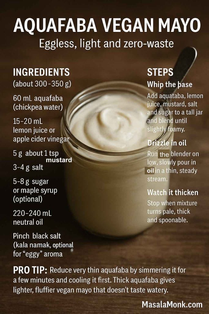 Recipe card for aquafaba vegan mayo showing a jar of creamy eggless mayonnaise with metric ingredients, quick blending steps and a pro tip about thickening chickpea water for better texture.