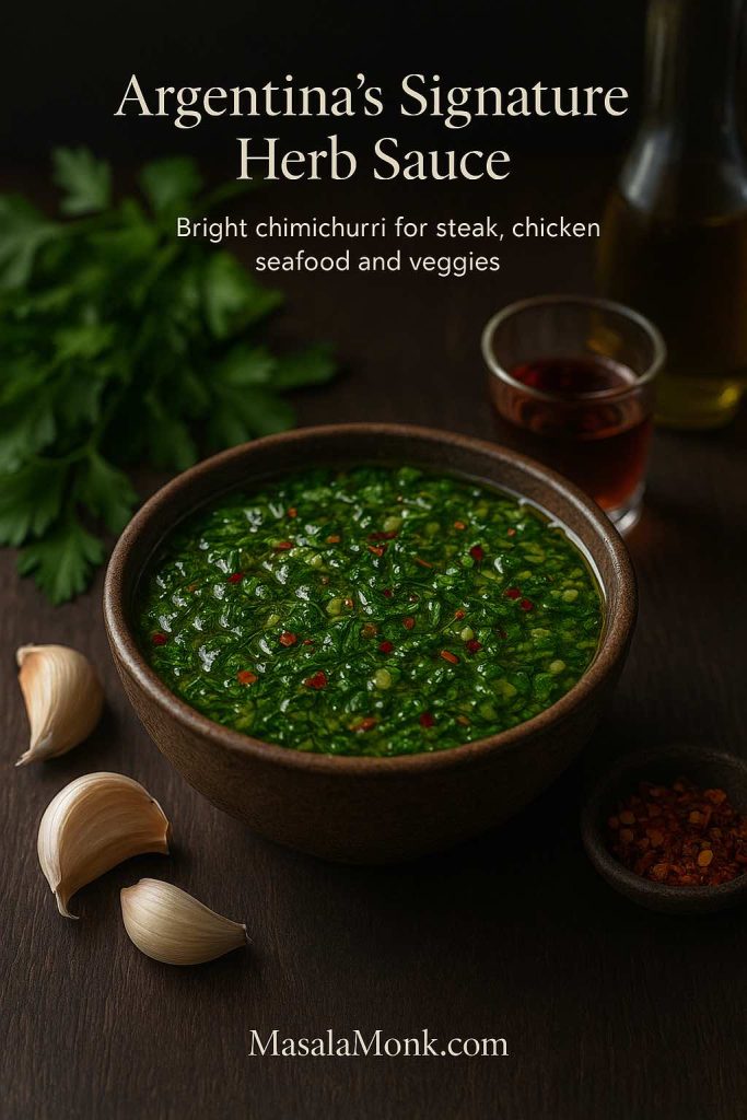 Portrait shot of a rustic bowl filled with bright green chimichurri sauce, Argentina’s signature herb sauce, surrounded by parsley, garlic, chili flakes and red wine vinegar on a dark wooden table.
