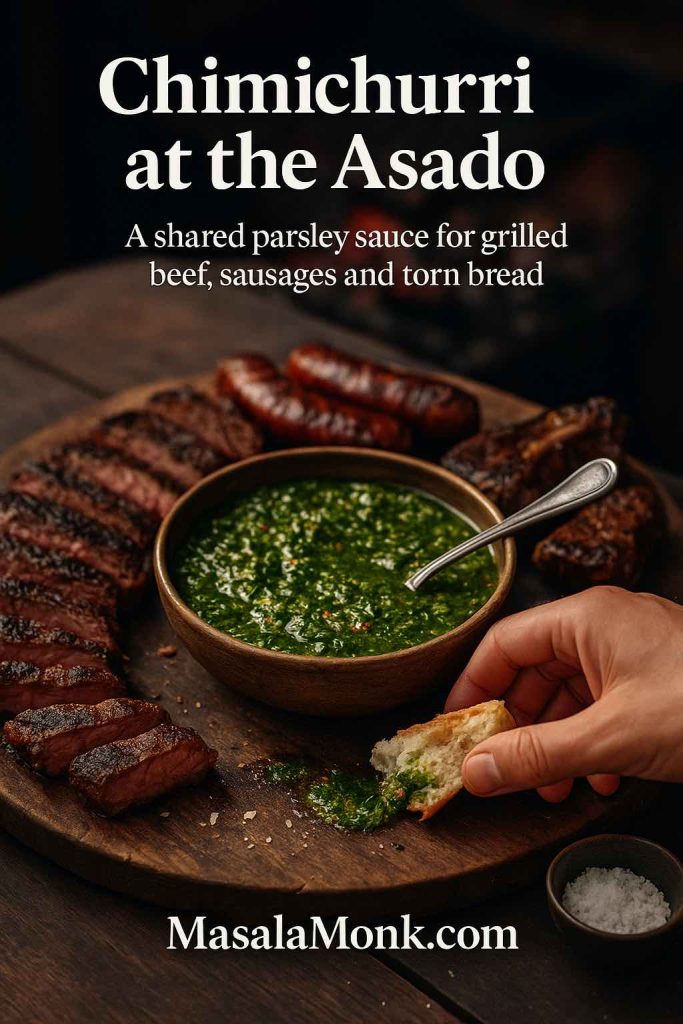 Argentinian parrilla-style platter with sliced grilled beef and sausages arranged around a rustic bowl of green chimichurri sauce, with a hand dipping torn bread into the sauce and the words Chimichurri at the Asado on top.