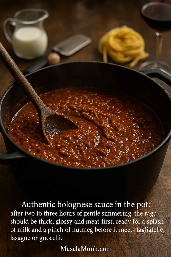 Close-up portrait of authentic bolognese ragù simmering in a black Dutch oven, thick and glossy with a wooden spoon dragging a trail through the meat sauce, ready to be finished with milk and nutmeg.