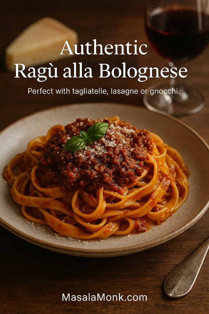 Portrait image of authentic ragù alla bolognese served over fresh tagliatelle on a rustic plate, topped with Parmigiano and basil, with wine and Parmesan wedge blurred in the background.