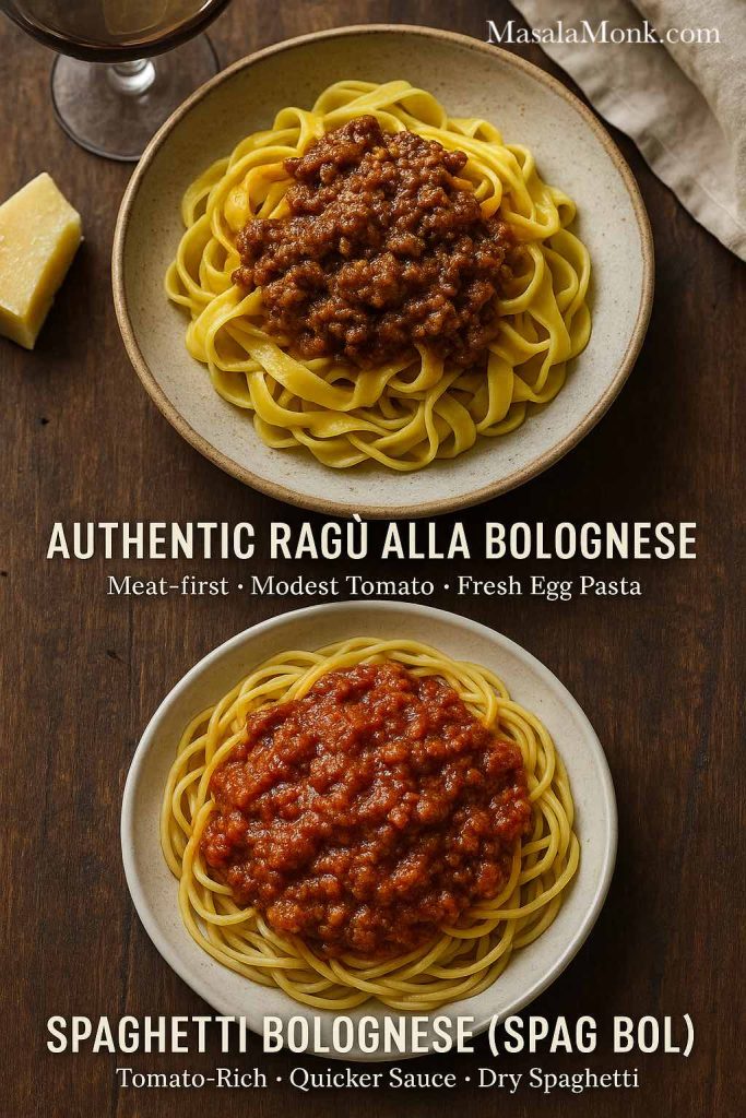 Overhead portrait image showing authentic ragù alla bolognese on tagliatelle above and classic spaghetti bolognese below, contrasting meat-first Italian bolognese with tomato-rich spag bol.