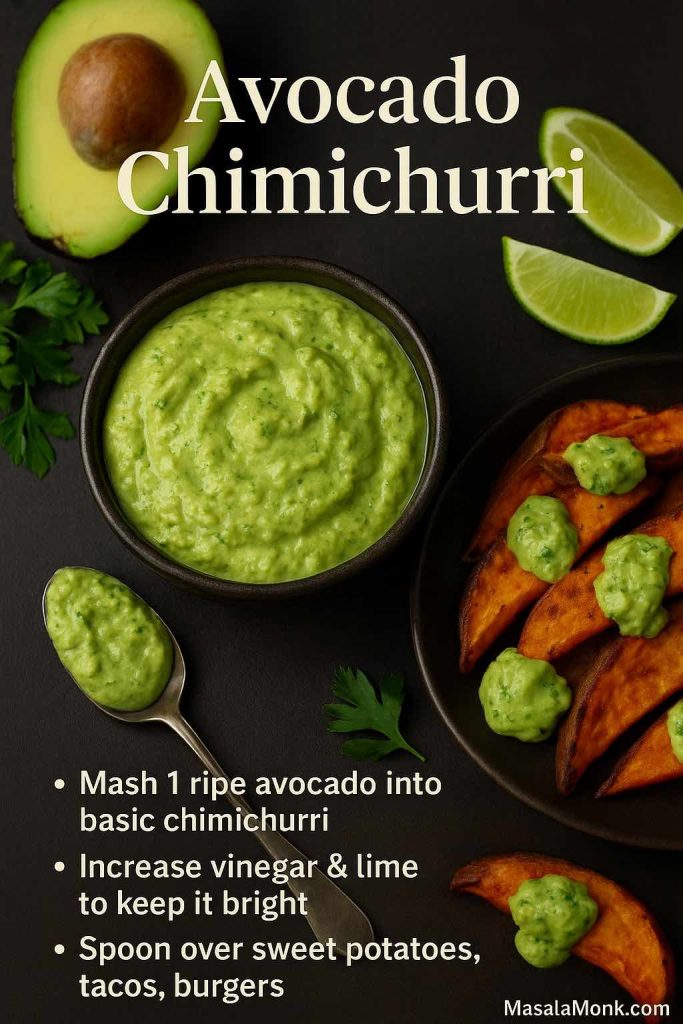 Portrait image of creamy avocado chimichurri sauce in a bowl with a spoonful beside it and roasted sweet potato wedges topped with the sauce, surrounded by avocado halves, parsley and lime wedges on a dark surface.