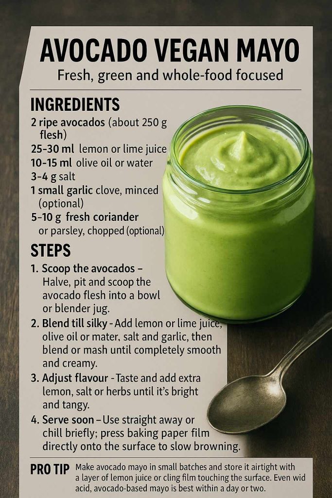 A recipe card for avocado vegan mayo showing a jar of bright green creamy mayo with metric ingredients, simple blending steps and a pro tip on storing avocado-based mayonnaise to slow browning.