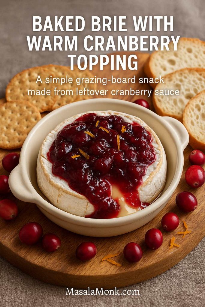 Baked Brie wheel topped with glossy cranberry orange sauce, oozing onto a ceramic dish and surrounded by crackers, baguette slices and fresh cranberries on a wooden board.