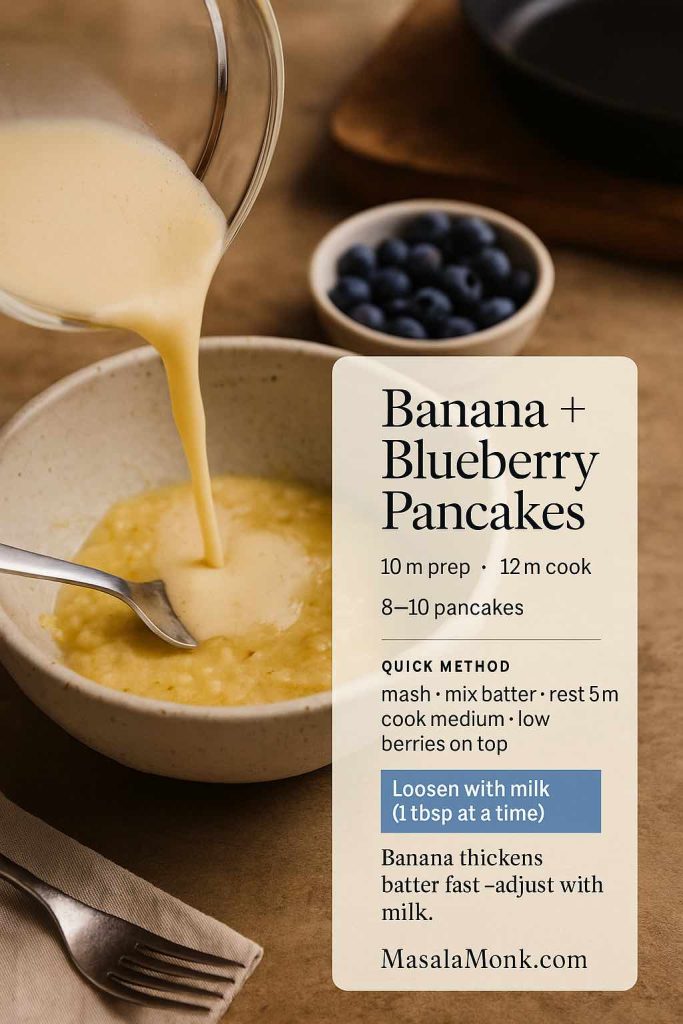 Banana and blueberry pancakes recipe card showing batter being poured into mashed banana, with tips to keep banana blueberry pancake batter fluffy and not dense.
