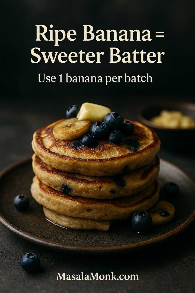 Portrait photo of a stack of banana blueberry pancakes topped with blueberries, a caramelized banana slice, and a small butter pat, featuring text overlay “Ripe Banana = Sweeter Batter” and “Use 1 banana per batch,” with MasalaMonk.com in the footer.