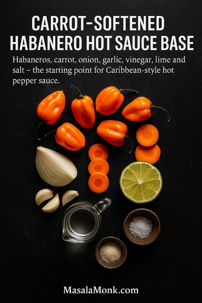 Overhead view of ingredients for a carrot-softened habanero hot pepper sauce including whole orange habanero peppers, sliced carrot, onion, garlic, vinegar, lime and salt on a dark background.