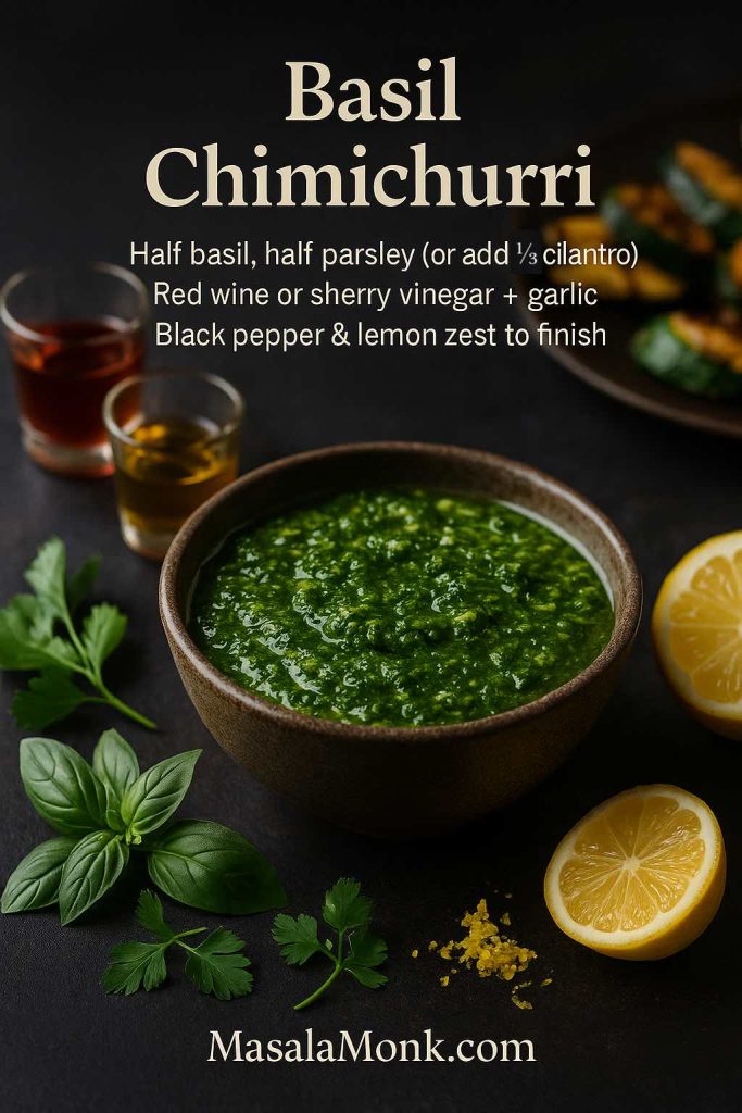 Portrait image of a bowl of basil chimichurri sauce on a dark surface, surrounded by basil and parsley leaves, lemon halves, lemon zest and small glasses of vinegar, with text overlay explaining how to make basil chimichurri.