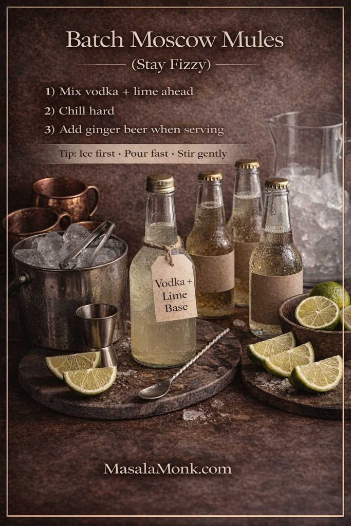Batch Moscow Mules (stay fizzy) recipe card showing a vodka and lime base bottle, chilled ginger beer, ice bucket, limes, and tools, with steps to mix ahead, chill hard, and add ginger beer when serving.