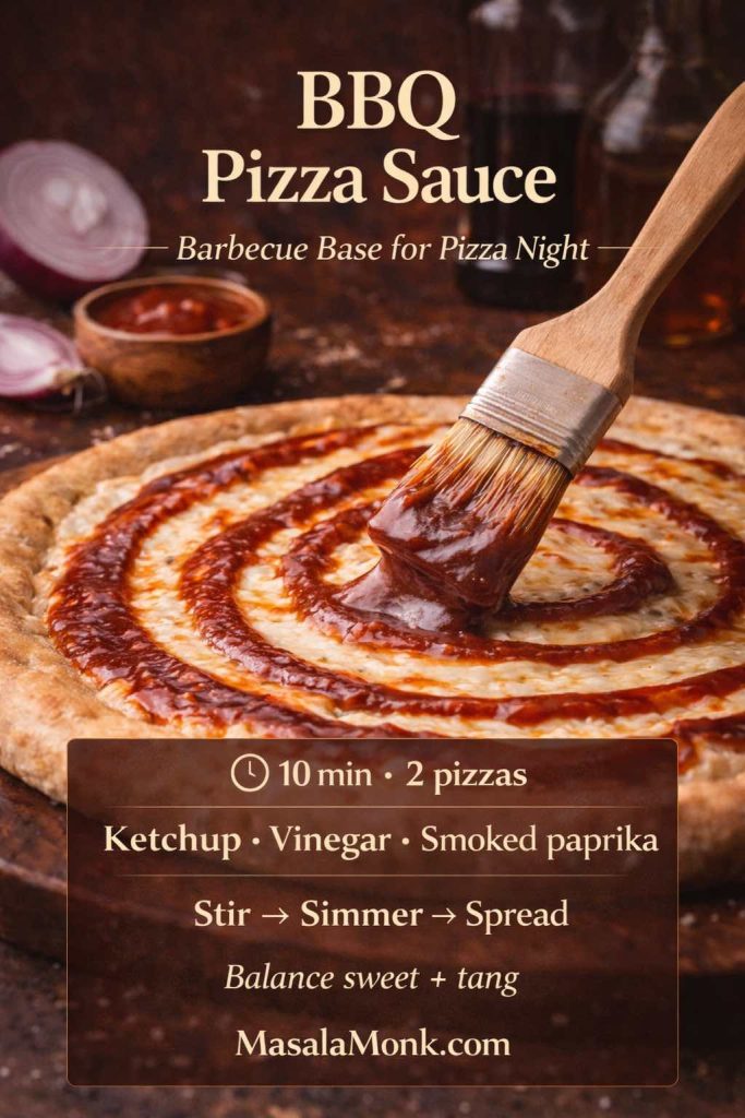 BBQ pizza sauce recipe card showing thick barbecue sauce being brushed in a swirl on pizza dough, with quick steps (stir, simmer, spread) and key ingredients.