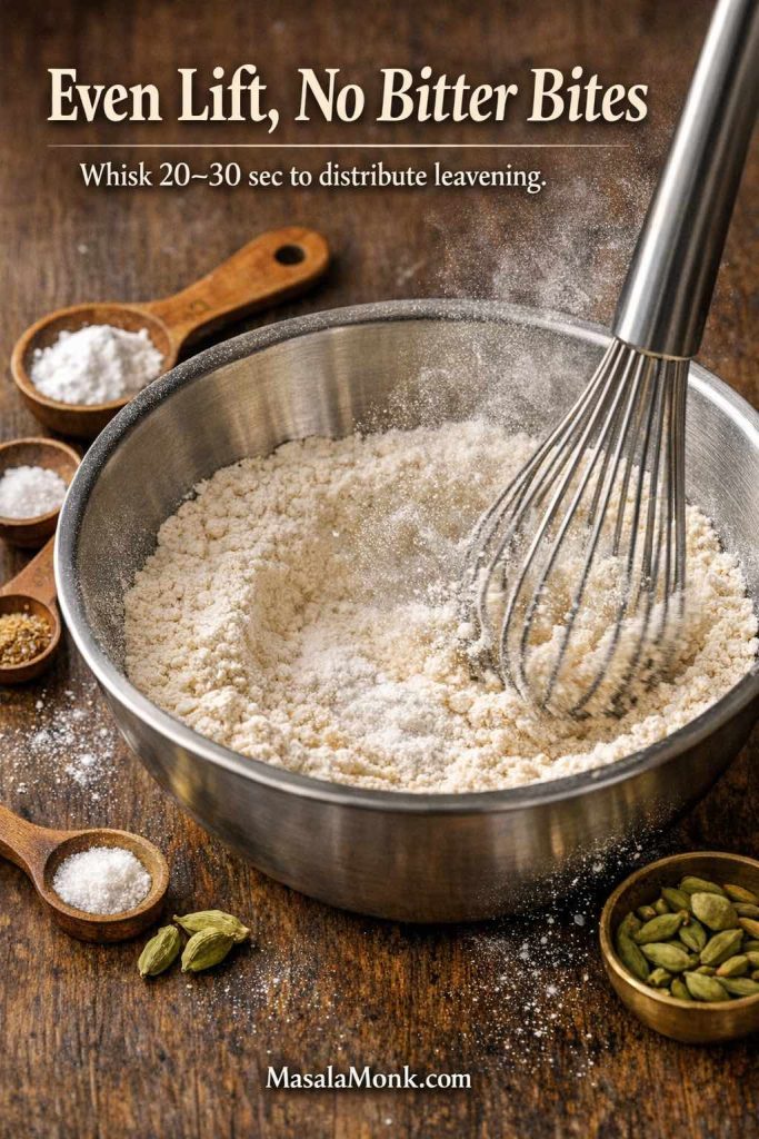 Whisking dry ingredients for Belgian waffle batter to evenly distribute baking powder and baking soda for consistent rise and crisp waffles.