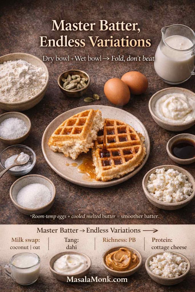 Belgian waffle batter ingredients arranged with milk, eggs, flour, sugar, leaveners and swap ideas like coconut milk, dahi, peanut butter and cottage cheese for Indian-style Belgian waffles.