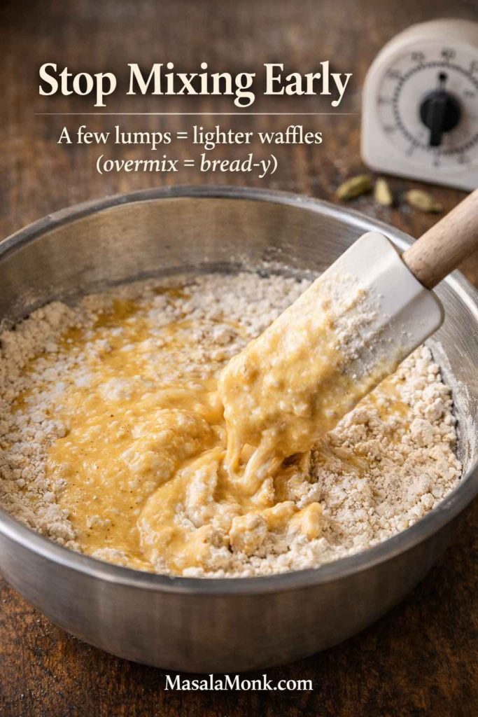 Close-up of Belgian waffle batter being folded in a bowl with a spatula, showing small lumps for lighter, fluffier waffles.