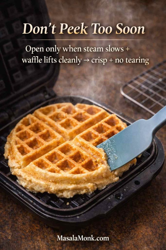Belgian waffle releasing cleanly from a hot waffle iron as steam slows—tip for crisp waffles and preventing sticking.