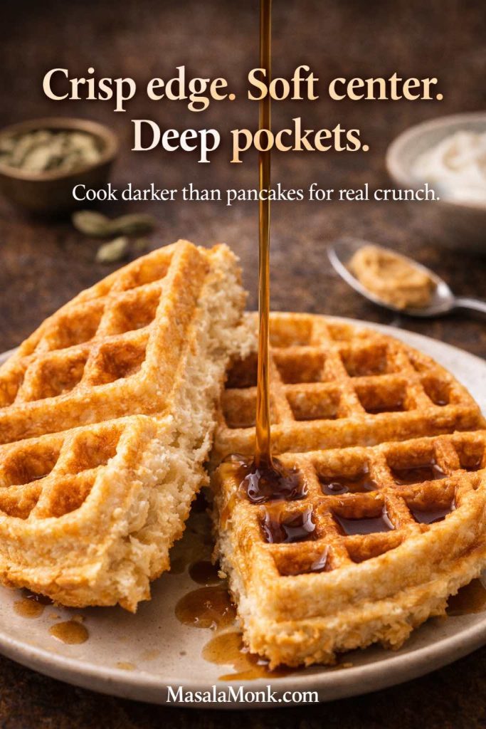 Torn Belgian waffle showing a crisp golden edge and fluffy interior with syrup pouring into deep pockets; Indian pantry accents like cardamom, yogurt, and peanut butter in the background; text overlay about texture with MasalaMonk.com footer.