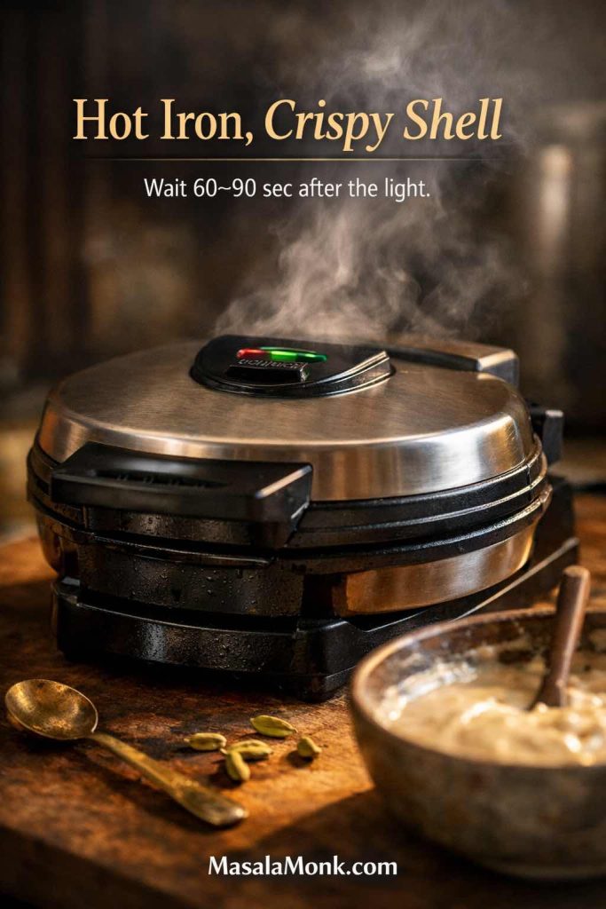 Preheating a Belgian waffle maker with steam rising for crispy Belgian waffles; tip to wait 60–90 seconds after the ready light for better texture.