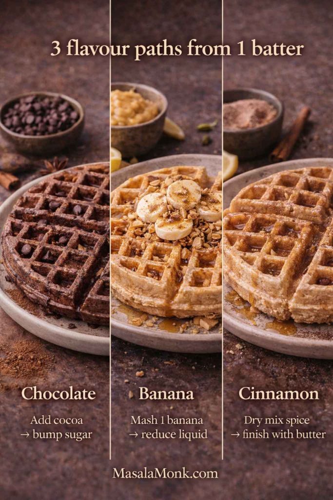 Portrait triptych showing Belgian waffle recipe variants—chocolate waffle, banana waffle, and cinnamon waffle—with quick mix-in tips and MasalaMonk.com footer.