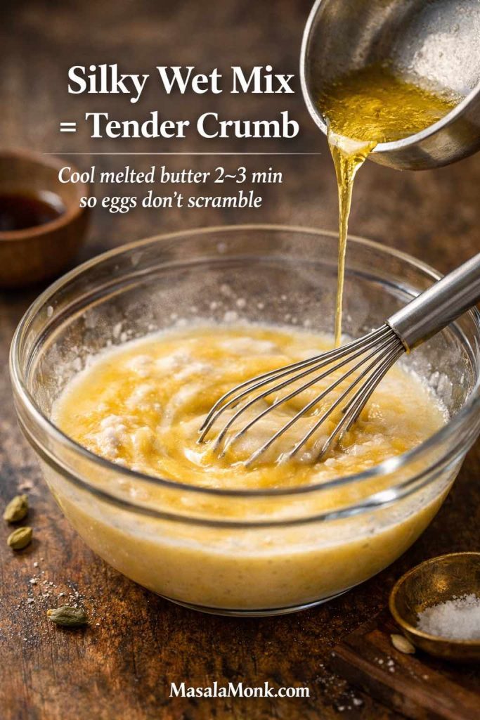 Whisking eggs, milk and vanilla for Belgian waffle batter while pouring cooled melted butter to prevent scrambled eggs and keep waffles tender.