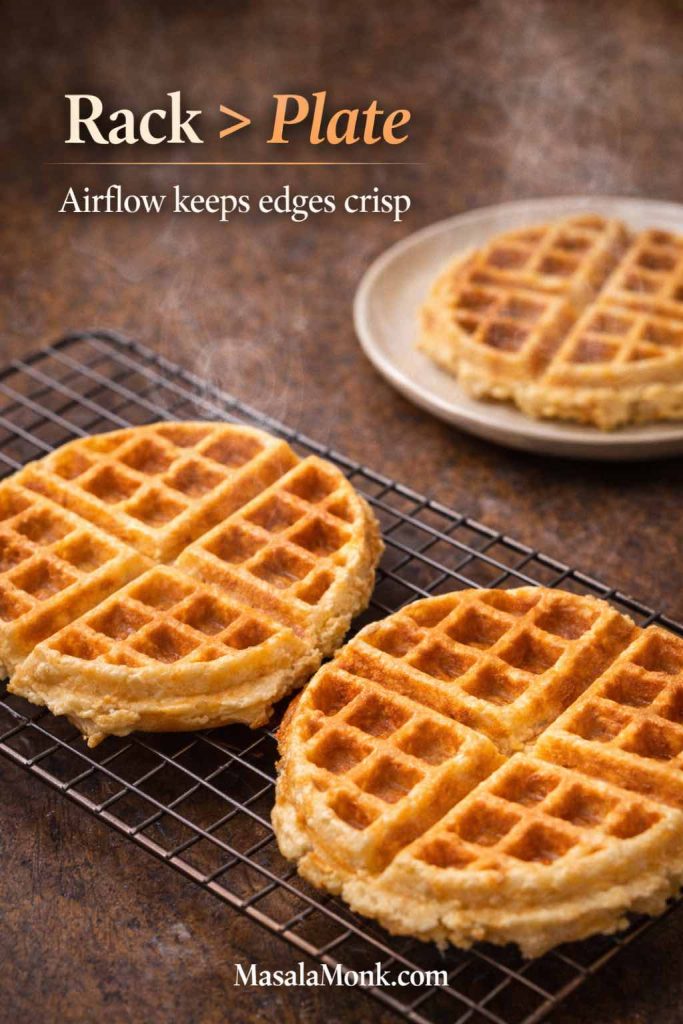 Belgian waffles cooling on a wire rack vs a plate to prevent sogginess and keep edges crispy, with airflow tip overlay.