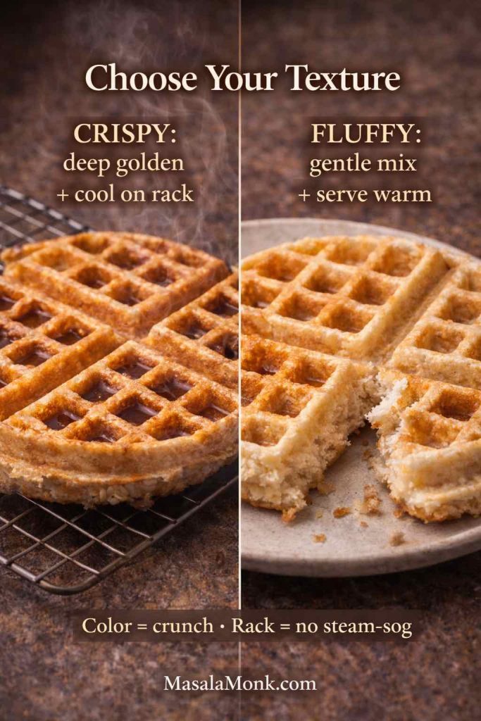 Side-by-side Belgian waffles showing crispy vs fluffy texture—one cooled on a rack for crunch, one plated to highlight a soft, airy crumb.