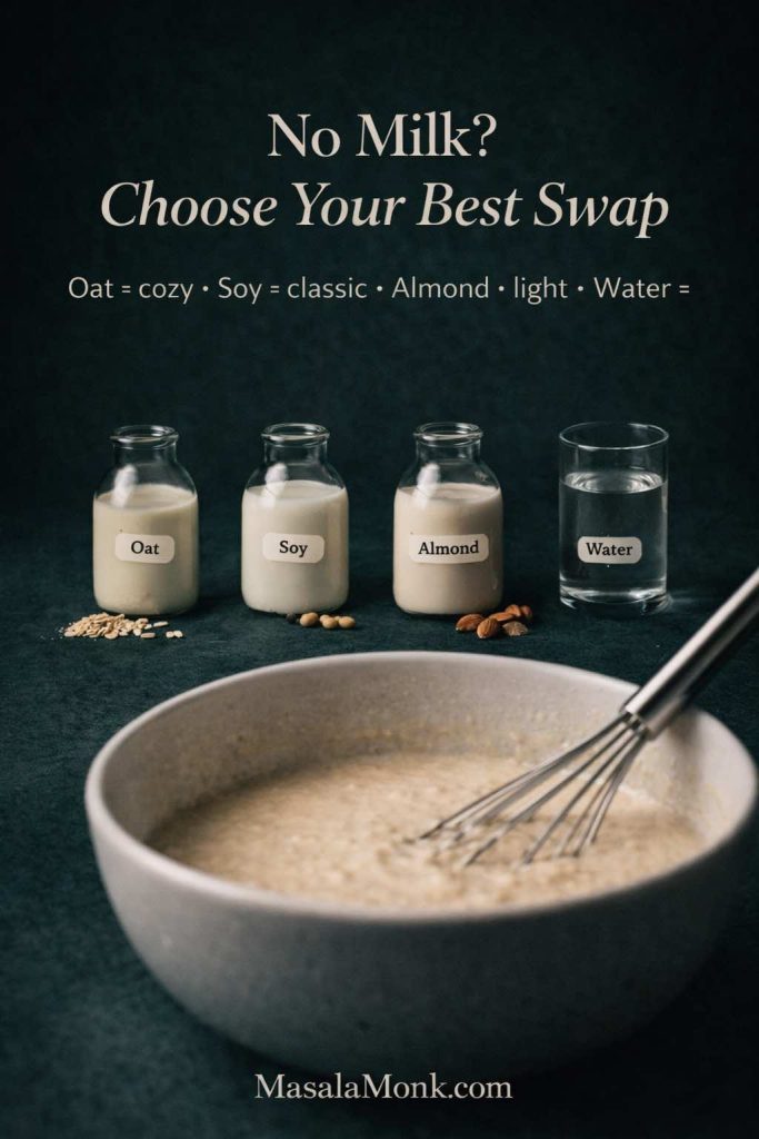 Dark green portrait guide showing four milk substitutes for waffles without milk—oat, soy, almond, and water—beside a bowl of waffle batter and whisk, with text overlay explaining which swap gives the best texture, plus MasalaMonk.com in the footer.