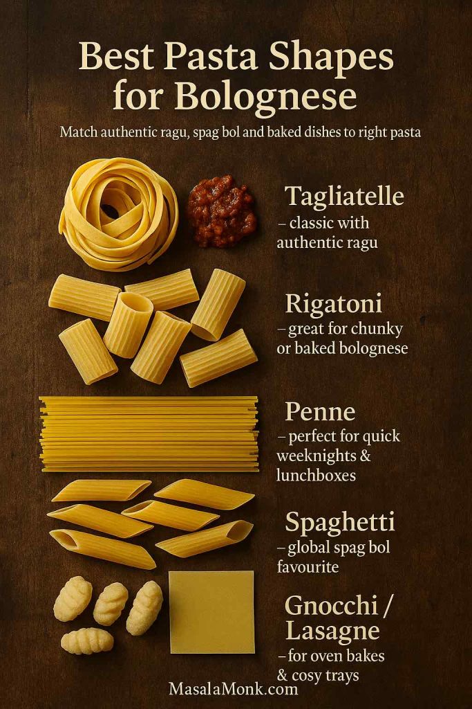 Portrait guide titled “Best Pasta Shapes for Bolognese”, showing tagliatelle, rigatoni, penne, spaghetti, gnocchi and lasagne on a rustic background with labels explaining which bolognese each shape is best for.
