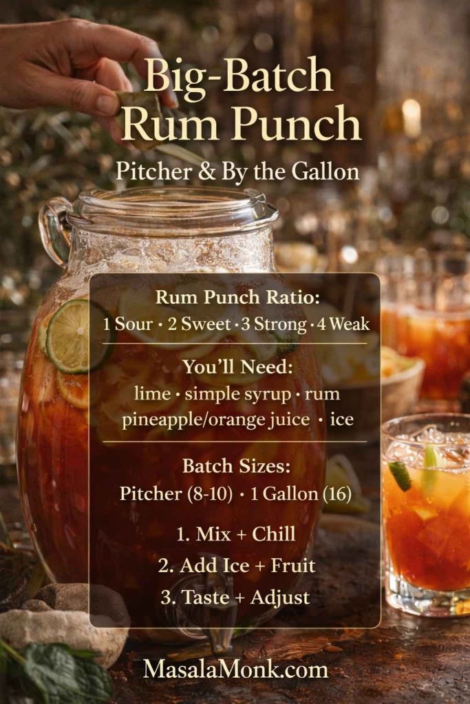 Big-batch rum punch in a glass dispenser with citrus and ice, featuring a recipe-card overlay for pitcher and by-the-gallon rum punch ratios and steps.