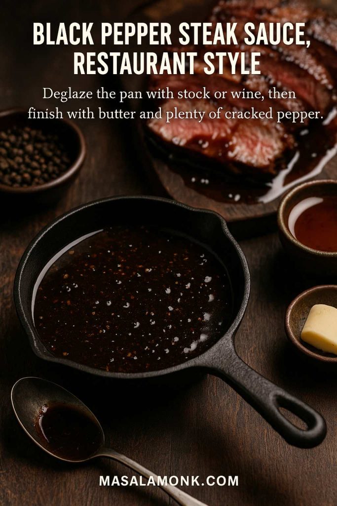 Cast-iron pan filled with glossy black pepper steak sauce on a dark wooden table, with sliced steak in the background plus bowls of cracked pepper, stock and butter, and text reading ‘Black Pepper Steak Sauce, Restaurant Style’ with a cooking tip and MasalaMonk.com.