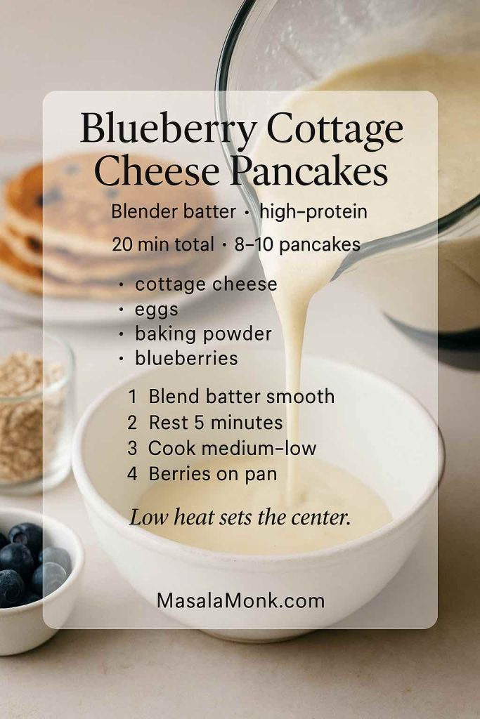 Blueberry cottage cheese pancakes recipe card showing blender batter being poured into a bowl, a high-protein pancake method with cottage cheese, eggs, and blueberries.