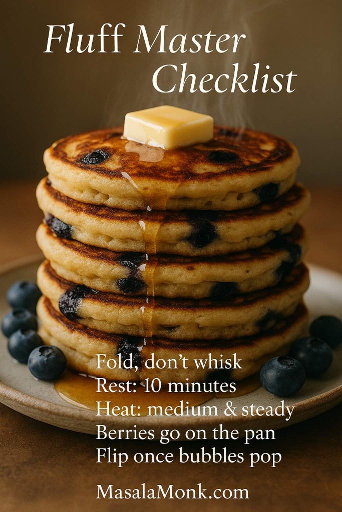 Fluffy blueberry pancakes with butter and maple syrup, featuring a quick checklist for keeping pancakes light and airy.