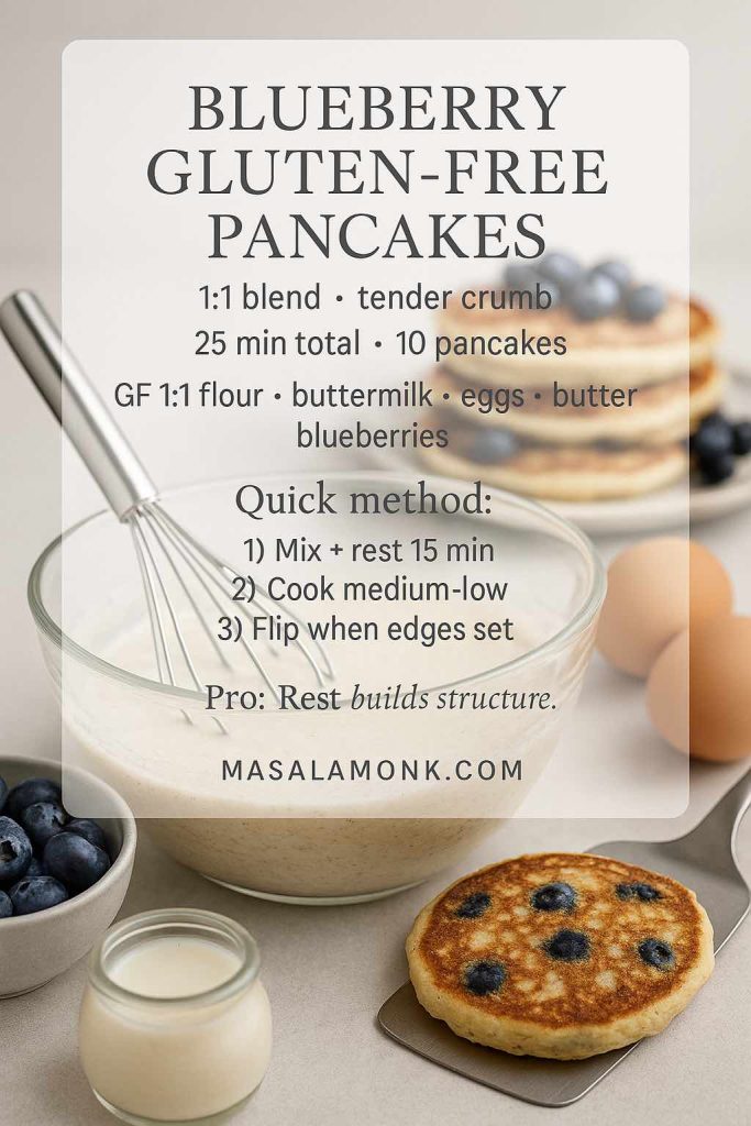 Blueberry gluten free pancakes recipe card using a 1:1 gluten-free flour blend, showing batter rest time, medium-low cooking, and flip-when-edges-set guidance.