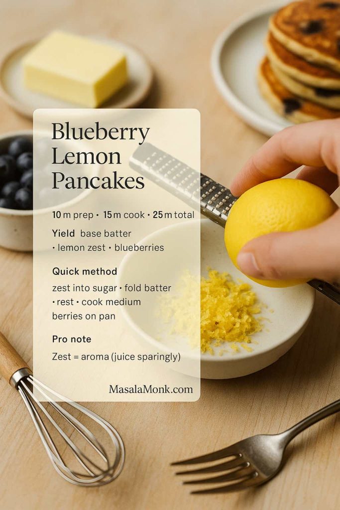 Blueberry lemon pancakes recipe card showing lemon zest added for aroma, with blueberries ready to sprinkle for a bright, balanced blueberry lemon pancake flavor.