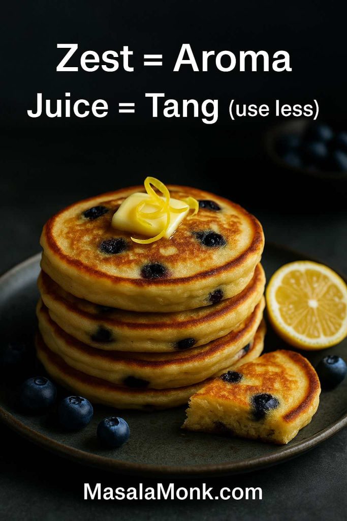 Portrait photo of a stack of blueberry lemon pancakes with a butter pat and lemon zest on top, a lemon half and blueberries on the plate, featuring text overlay “Zest = Aroma” and “Juice = Tang (use less),” with MasalaMonk.com in the footer.