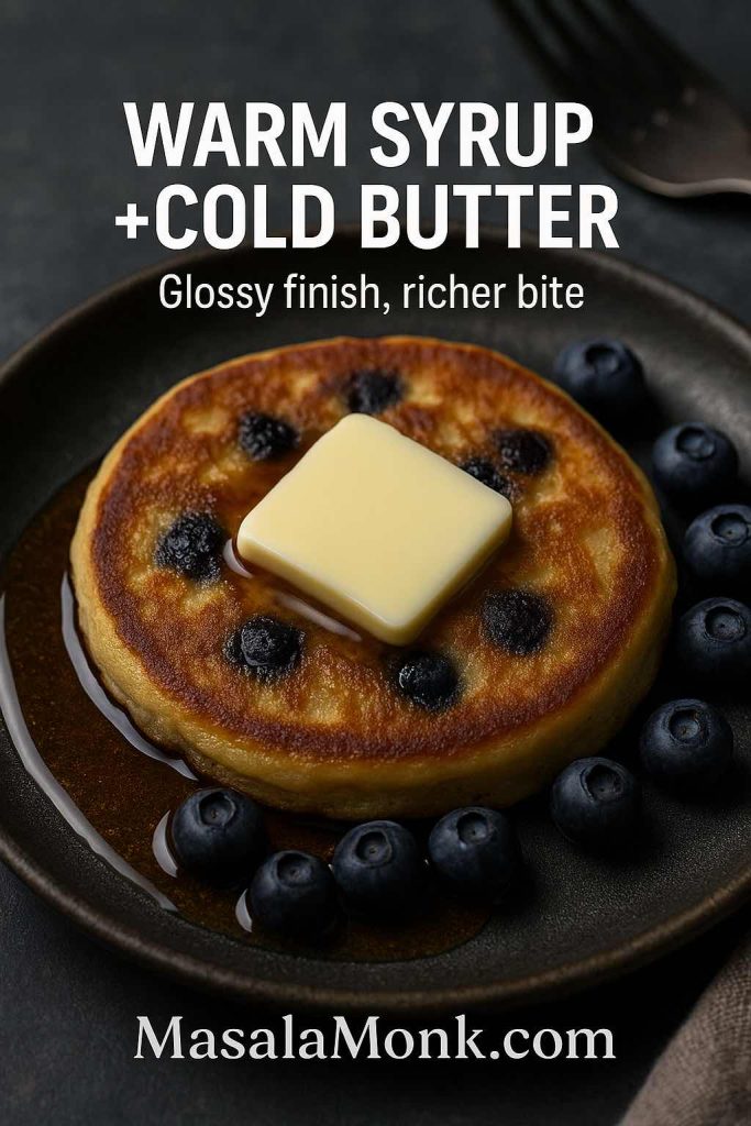 Portrait close-up of a blueberry maple pancake on a dark plate with warm maple syrup pooling around it and a cold pat of butter melting on top, featuring text overlay “Warm syrup + cold butter” and “Glossy finish, richer bite,” with MasalaMonk.com in the footer.