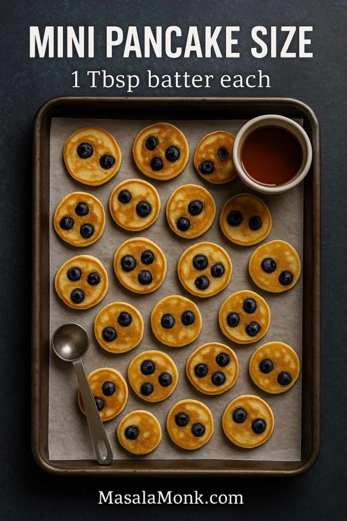 Portrait overhead photo of blueberry mini pancakes arranged on a parchment-lined baking sheet with a measuring tablespoon and a cup of syrup, featuring text overlay “Mini Pancake Size” and “1 Tbsp batter each,” with MasalaMonk.com in the footer.