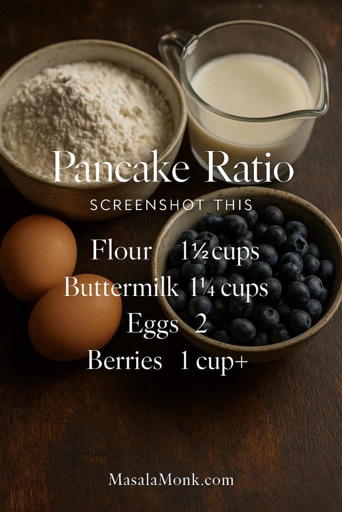 Pancake ingredient ratio card showing flour, buttermilk, eggs, and blueberries for classic blueberry pancakes.