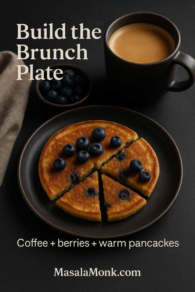 Portrait brunch pairing image showing a blueberry pancake sliced into wedges on a dark plate with fresh blueberries and a cup of coffee, featuring text overlay “Build the Brunch Plate” and “Coffee + berries + warm pancakes,” with MasalaMonk.com in the footer.