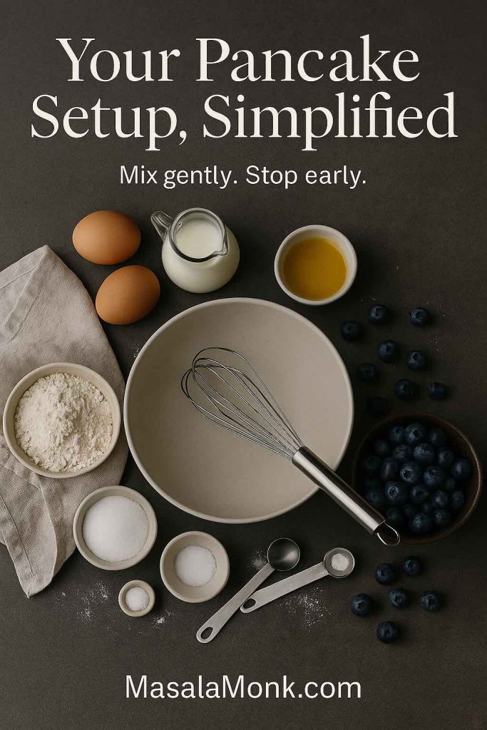 Overhead portrait photo of measured blueberry pancake ingredients arranged on a dark countertop with a mixing bowl and whisk, featuring text overlay “Your Pancake Setup, Simplified” and “Mix gently. Stop early.” with MasalaMonk.com in the footer.
